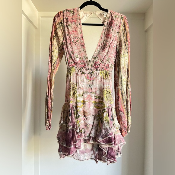 Hemant & Nandita Maya pink floral paisley ruffle V neck long sleeve mini dress S - Picture 10 of 16